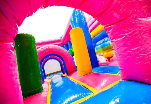Interior del castillo hinchable Dubbelslide Multiplay azul amarillo rosa