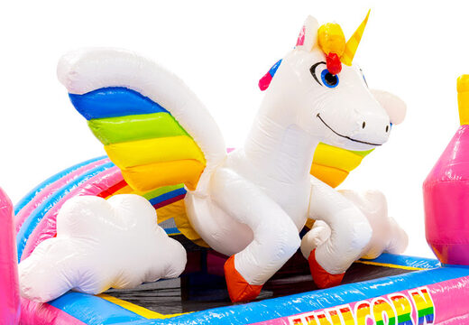 Figura en 3D en el castillo inflable Dubbelslide unicornio con alas de arcoíris Tema Unicornio