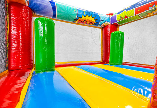 Castillo hinchable Midi Bounce en tema cómic, ideal para eventos y fiestas