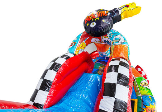Castillo hinchable A-frame Super Comic en estilo cómic a la venta en JB Inflatables
