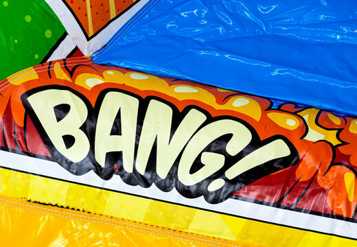 Castillo hinchable A-frame Super Comic estilo cómic para niños, ahora disponible en JB Inflatables