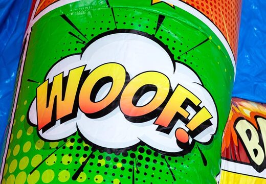 Castillo hinchable A-frame Super Comic con tema cómic, ideal para eventos y fiestas